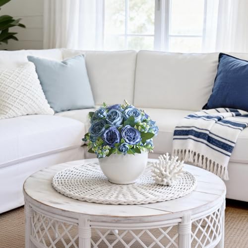 Mkono Peonies Artificial Flowers, Small Silk Flowers for Home Decor Indoor Fake Bouquet Faux Floral Arrangements Dining Table Centerpieces for Kitchen Party Decor Blue - color: Blue