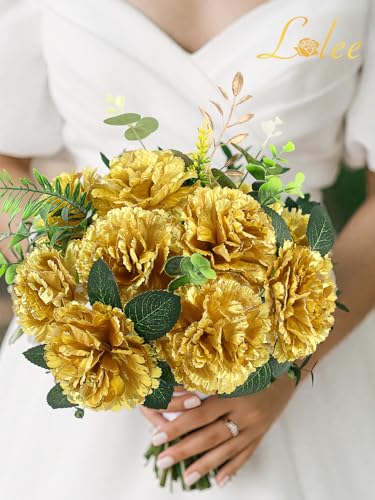 LELEE 108pcs Carnation Head Flowers with Stem - Gold Artificial Flowers Carnations Bulk - 3.5" Silk Carnation Fake Flower for Wedding Bouquet Baby Shower Centerpieces Grad Party Cemetery Grave Decor - color: Gold