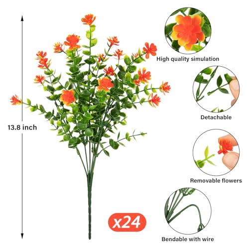 Ouddy Decor 24 Bundles Artificial Flowers for Outdoors Decoration Fake Flowers UV Resistant Faux Plastic Greenery Eucalyptus Plants for Spring Summer Garden Patio Indoor Outdoor Home Decor, Orange - color: Orange