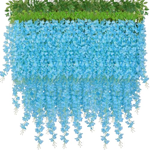 HUAHUA Artificial Wisteria Flowers, White Dense Artificial Fake Wisteria Vine Ratta Hanging Garland Silk Flowers String for Home Party Wedding Decor (24pcs Blue) - color: 24pcs Blue