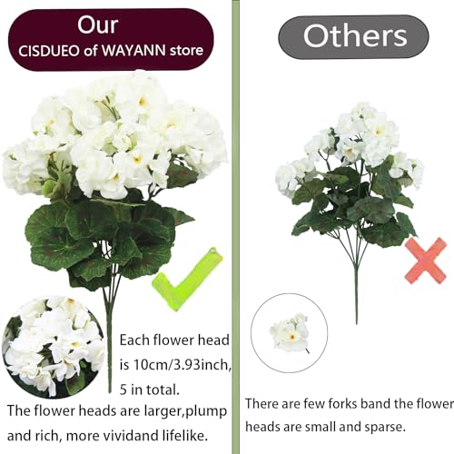CISDUEO 4 Pcs Artificial Geraniums Silk Flowers Outdoor Artificial Geranium Bush White Faux Flowers Geraniums for Floral Home Decor Outdoor Indoor Garden Patio Grave Cemetary Vase Table Centerpiece - color: White