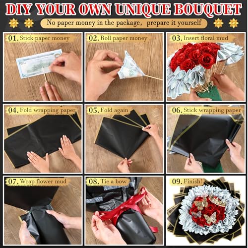 XunYee Bouquet Kit 20 Sheet Flower Wrapping Paper 100 Pcs Bamboo Skewers Floral Foam Blocks for Anniversary Birthday Gift Graduation Mother's Day(Black) - color: Black