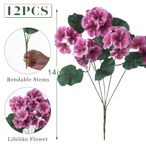 GLIDLION 12 Bundles Artificial Geranium Flowers for Spring Summer Decor, UV-Resistant Fake Plants Realistic Faux Silk Bouquets for Front Door Farmhouse Garden Porch Home Outdoor Decor (Pink) - color: Pink