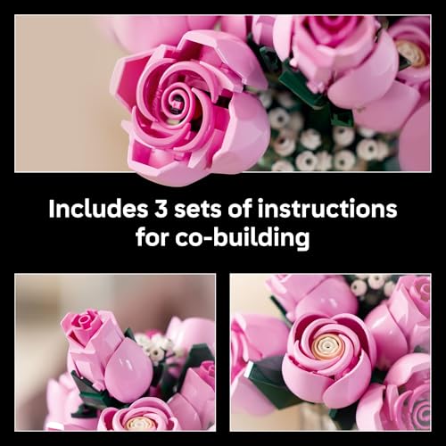 LEGO Botanicals Bouquet of Pink Roses Artificial Flowers - Building Blocks for Adults, Ages 18+ - Gifts for Birthdays for Her - Flowers for Home Office, Shelf or Room Decor - 10374
