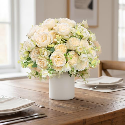 Peonies Artificial Flowers 12 Bundles Pink Flowers Bouquet, Lifelike Silk Fake Peonies with Stems for Home Table Centerpieces, Wedding, Party & DIY Bridal Floral Arrangements (Champagne) - color: Champagne