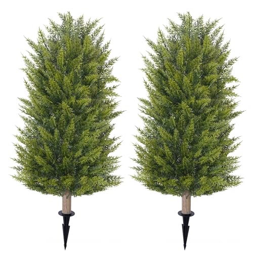DREAMLOOM Artificial Topiary for Outdoors 3ft Artificial Cedar Trees 2 Set Fake Pine Tree with Spike Faux Shrubs Bushes Outside Front Porch Planter Garden Decor Entryway Home