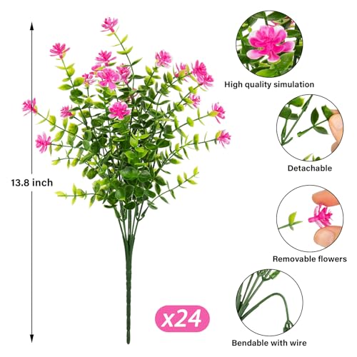 Ouddy Decor 24 Bundles Artificial Flowers for Outdoors Decoration Fake Flowers UV Resistant Faux Plastic Greenery Eucalyptus Plants for Spring Summer Garden Patio Indoor Outdoor Home Decor, Pink - color: Pink