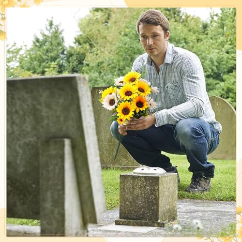 Giegxin 2 Bundles Fathers Day Sunflower Cemetery Flowers for Grave Vase Artificial Memorial Flower Bouquet Fake Silk Floral Arrangement for Dad Headstone Gravesite (Sunflower)