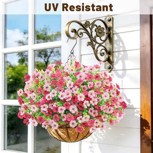 2 Pack Artfiticial Hanging Flowers Baskets for Outdoors, UV Resistant Faux Hanging Plants, 24 Pcs Fake Silk Flowers for Patio Garden Front Porch Balcony Decor (Pink Rose Red) - color: Pink Rose Red