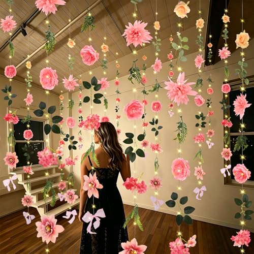 Livole 6Pcs 36Ft Hanging Flower Garland with Light Pink Wildflower Garlands Backdrop Silk Rose Fake Floral Vines with Hooks for Spring Party Wedding Birthday Anniversary Arch Wall Garden Decor - color: Pink With Light, size: 6Pcs