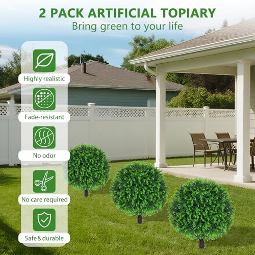 Yangrass Artificial Eucalyptus Topiary Ball Trees with Ground Spike, Set of 2 UV Resistant Artificial Shrubs, Fake Evergreen Artificial Plant Bushes for Indoor Outdoor Front Porch Garden - color: Eucalyptus