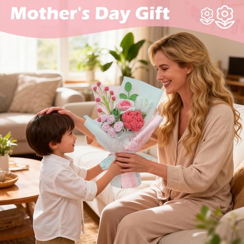 Crochet Flowers Bouquet,Handmade Knitted Rose,Artificial Flower Bouquet for Her, Wife,Lover ,Girlfriend ,Mother, Anniversary,Graduation,Friends,Birthday, Valentines Day Gifts,(with Gift Bag&Card) - color: Rose&pink, size: Large