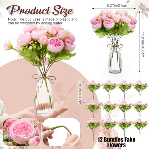 Thiccywoov 19 Pack Artificial Peony Flowers with Vase Bulk, 12 Bundles Faux Peony Bouquet 6 Vase with 1 Rope Silk Flower Arrangement Wedding Table Centerpiece for Wedding Bridal Shower(Hot Pink) - color: Hot Pink