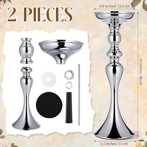 Sadnyy 2 Pcs Sliver Metal Flower Arrangements Stand Tall Wedding Centerpiece Stand Table Decor Flower Vase for Wedding Reception Event Party Dinner Home Decor(15 Inch) - size: 15 Inch