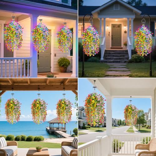 Solar Hanging Basket with Artificial Flowers: Outdoor Fake Plants Flower Basket with Solar String Lights for Summer -10 in UV Resistant Faux Silk Flower Baskets for Home Porch Yard Patio Garden Decor - size: 10inch, style: Eucalyptus Daisy - Colorful