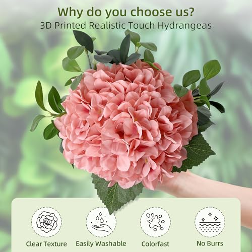 Hydrangea Artificial Flowers in Vase, Silk Faux Hydrangea Fake Flower Arrangements with Glass Vase and Faux Water for Home Decor Wedding Bouquets Table Centerpieces, Light Coffee, Set of 7 - color: Hydrangea Stems With Faux Water, size: Pink