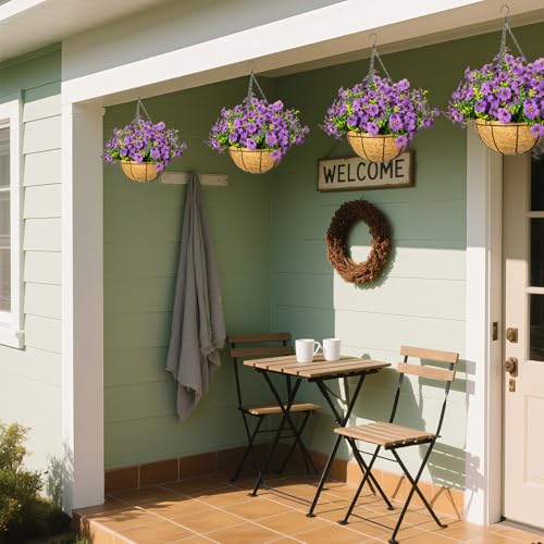 Artificial Hanging Flowers for Outdoors with Basket,UV Resistant Realistic Faux Hanging Plants Outdoor Artificial Flowers for Outdoors Basket for Yard Porch Patio Garden Home Decor,12 Bundles(Purple) - color: Purple