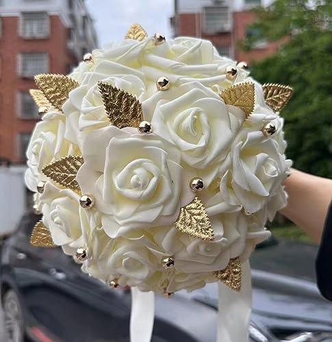 Handmade Wedding Bouquet Artificial PE Rose Bridal Bridesmaid Bouquet with Soft Ribbons Wedding Hand Holding Bouquet Artificial Fake Flowers Toss Bouquet(A-Ivory, 6.7"/17cm) - color: A-ivory, size: 6.7"/17cm