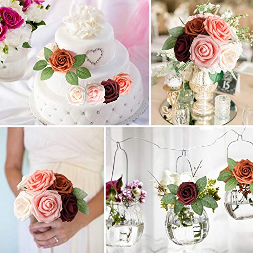 AmyHomie Artificial Flower Shades of Burgundy Rose 25pcs Real Looking Fake Roses w/Stem for DIY Wedding Bouquets Centerpieces Arrangements Party Baby Shower Valentines Day Christmas Tree Decorations - color: Shades of Burgundy