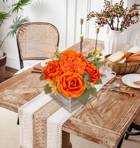 Flower Arrangement with Wooden Vase 8" Artificial Flowers in Pot - Fake Flowers Roses Peonies Hydrangeas in Wooden Vase Potted Artificial Flower Centerpieces for Table Decor Living Room - Burnt Orange - color: 8"h Burnt Orange