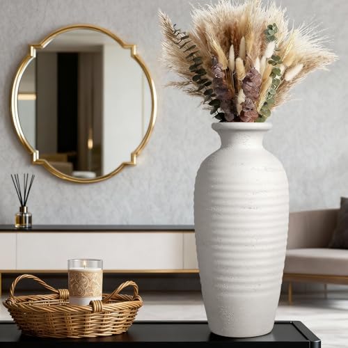 14.4" Vintage Tall Ceramic Vase, Farmhouse Modern Living Room Decor | Textured Surface Flower Vase for Home Decor,Large Ceramic vase Perfect for Living Room, Gift for Housewarming - size: 14.4In