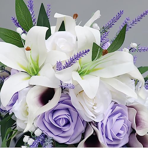 Emivery Bridal Bouquets for Wedding, Artificial Lavender Calla Lily Cascading Wedding Bouquet Real Touch Flowers for Wedding Ceremony Bridal Shower Home Decor