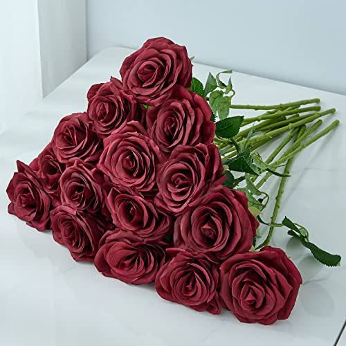15pcs Artificial Rose Flowers Long Stem Burgundy Fake Silk Roses for DIY Wedding Bouquet Table Centerpiece Home Decor (VASE is NOT Included) - color: Burgundy