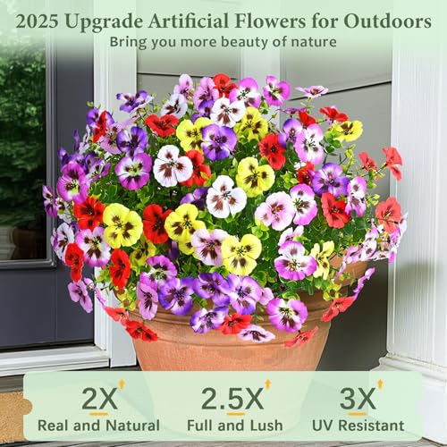 MARTINE MALL 18 Bundles Artificial Flowers for Outdoors, Fake Outdoor Flowers, Fake Pansy Faux Plants Outdoor UV Resistant Silk Pansy Flowers for Planters Indoor Porch Decor (Mix Colors) - color: Yellow+white+purple+red+light Pink+light Purple, size: 18 B
