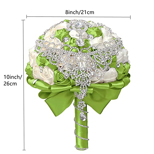 XINNI Brooch Bridal Wedding Bouquet Bride Bridesmaids Satin Rose Flower Bouquet with Bling Drop-Shaped Rhinestone for Wedding Light Green and Ivory - color: Grassgreen+ivory