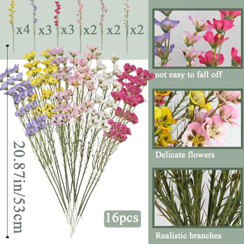 CITYES 16Pcs Artificial Wildflowers with Stems Bulk Silk Spring Flowers Floral Picks Gradient Multicolor Fake Forsythia Branches Faux Wildflowers Arrangement for Home Decor Indoor Wedding Centerpieces - color: Yellow, White, Purple Pink, Rose Red, Purple,