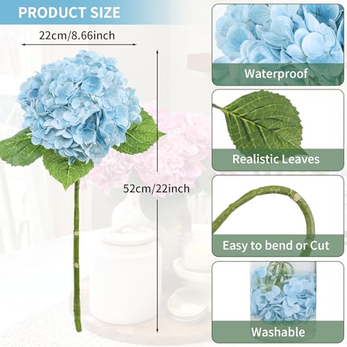 LFF 3Pcs Baby Blue Hydrangea Artificial Flowers, 8.66" Large Real-Touch Latex Blooms with 22" Long Stems, Faux Hydrangea for Outdoor Planter Indoor Home Table Centerpieces Wedding Decor Bouquets - color: Baby Blue