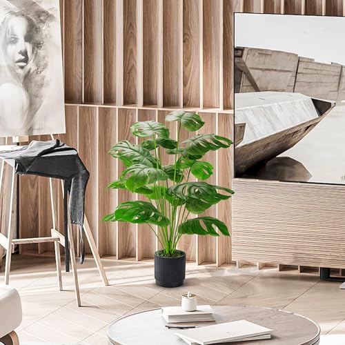 Der Rose 28" Black Pot Fake Monstera Plants, Large Artificial Potted Plants for Indoor & Outdoor Floor Front Porch Modern Decor - size: 28"-BLACK