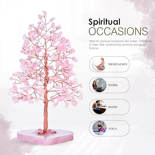 Crocon Crystal Heart Base Tree of Life Gifts for Women, Rose Quartz Healing Crystals Tree Brings Positive Energy, Good Luck, Money, Feng Shui Home & Office Desk Decor, for Mom & Wife Present - color: 002c Rose Quartz (Quartz Tree)