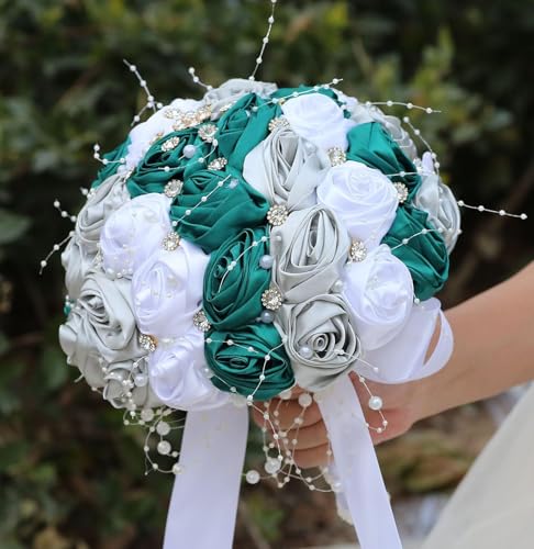 Ujicde Romantic Wedding Bouquet Bridal Bridesmaid Round Bling Brooch Bouquet Throw Toss Artificial Rose Flower Bunch with Sparkle Rhinestone Crystal Decoration(Green White,Dia. 6.3"*16cm) - color: Green White, size: Dia. 6.3"*16cm