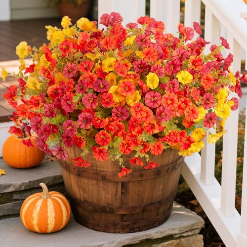 INXUGAO Fake Fall Flowers Artificial for Decoration, 12 Bundles Faux Plants Silk Orange Flowers Morning Glory Petunias Realistic UV Resistant for Outdoors Planter Porch Patio Window Box, Orange Yellow - color: Orange Yellow Red
