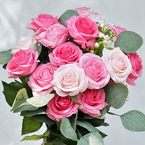 FiveSeasonStuff Rose Pink Real Touch Artificial Roses, 12 Faux Silk Flower Stems with Bendable Wire and Green Leaves for Vase Arrangements - color: Rose Pink