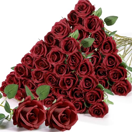 Jexine 60 PCS Artificial Roses Bulk Silk Flowers with Long Stems, Realistic Faux Rose Bouquet for Wedding Centerpieces, Valentine’s Party, Home Decor(Burgundy) - color: Burgundy