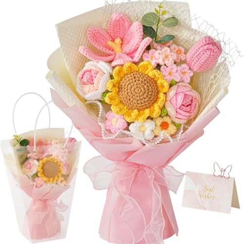 Crochet Flower Bouquet,Pink Knitted Flowers, Handmade Sunflowers Tulips Roses Bouquet for Birthday Anniversary Party Mother's Day Graduation Gifts - color: Pink