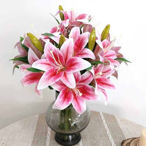 ATFL Artificial Lilies Flowers,9 Pcs Faux Lily Flowers,16''Tiger Lily Branches with 2 Full Blooms and 1 Bud,Faux Fake Lilies Plants for Wedding Bouquet Floral Arrangements (9, deep Pink) - color: Deep Pink