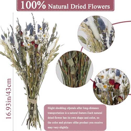 Natural Dried Flower Bouquet Dried Rose Lavender Straw Daisy Flowers White Bunny Tails Pussy Willow Floral Stems Arrangements for Vase Wedding Table Centerpiece Farmhouse Home Decor 17 Inch - color: Natural Flowers