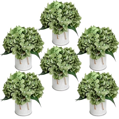 Flower Table Centerpieces - Set of 6 Floral Arrangement Artificial Wedding Hydrangeas Floral Arrangement with Rustic Metal Vase for Bridal Tea Party Event Decorations - Sage Green - color: Sage Green