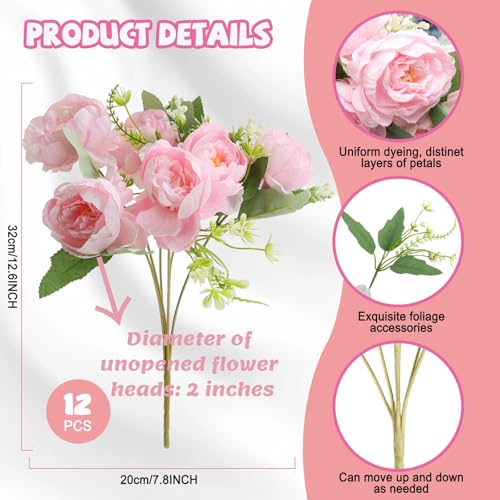 Pink Peonies Artificial Flowers, 12 Bundles Fake Peonies Silk Flowers Faux Peonies Flowers Realistic Bouquet for Wedding Home Centerpiece Table Decoration - color: Pink