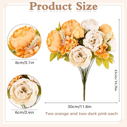 4 Bunches Peonies Artificial Flowers Faux Flowers Bouquet Silk Peony Hydrangea for Vase Wedding Centerpiece Bridal Shower Garden Party Home Decor (Orange Pink) - color: Orange Pink