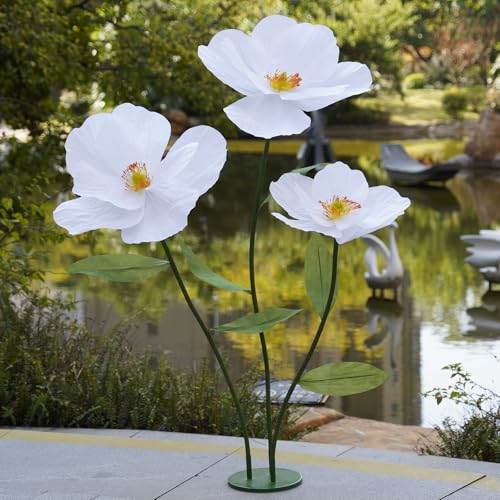 Large Paper Artificial Flowers,Giant Flowers for Decoration,Huge Handcrafted Poppy Fake Flowers with Stand for Home Decor Bridal Shower Party Outdoors Yard Event Backdrop Decor (White) - color: White