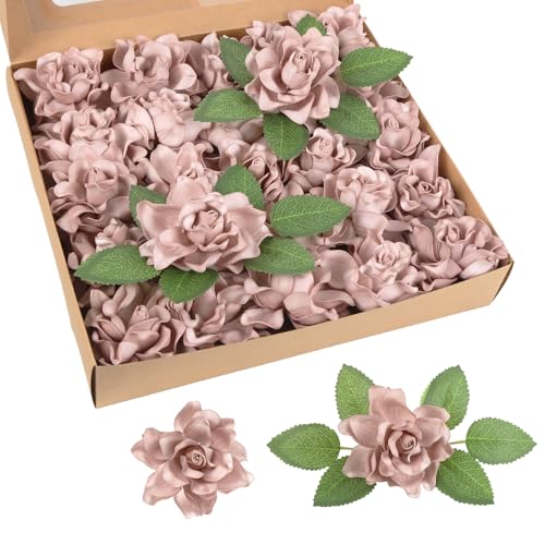IPOPU Artificial Gardenia Flowers 25PCS 3.15’’ Artificial Foam Roses Bulk Fake Flower Heads with Stems for DIY Wedding Bouquets Party Home Centerpieces Decor(Vintage Pink) - color: Vintage Pink