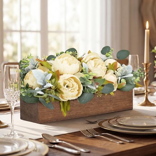 Flower Table Centerpieces for Dining Room, Summer Artificial Peony Table Centerpieces Wood Tray with Fake Flowers for Wedding Living Room Party Bar Kitchen Table(Champagne) - color: Champagne