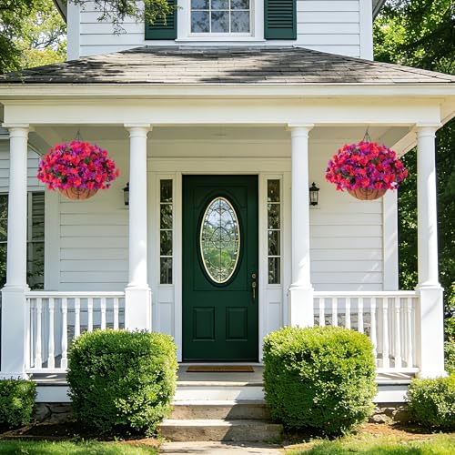 Artificial Hanging Flowers Plant with Basket for Outdoors Spring Decor, Fake Hanging Plants Silk Bougainvillea in Planter Look Real UV Resistant Faux Flower for Outside Porch Patio Garden Home, Mix - color: Red + Purple