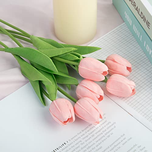 Ouddy Decor 30 Pcs Pink Tulips Artificial Flowers Real Touch PU Faux Flowers Fake Tulips Stems for Spring Summer Bouquet Floral Room Table Party Wedding Easter Mothers Gifts Home Decorations - color: Pink