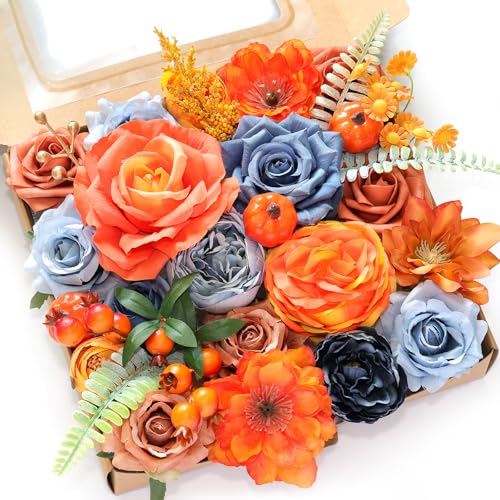 Artificial Flower Box Set Silk Fake Flowers DIY Center Cake Decoration Wedding Bouquet Corsage Home Decor Outdoor Decor Gift (Passionate Burnt Orange) - color: Passionate Burnt Orange