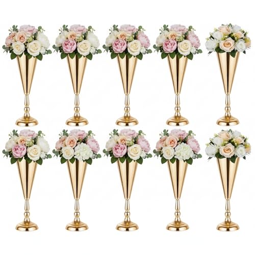 10pcs of Tabletop Gold Flower Centerpieces, 14.4in Metal Wedding Flower Gold Vases, Elegant Flower Holders for Christmas Anniversary Birthday Party Home Decoration Flower Arrangements - color: Gold, size: 10xM